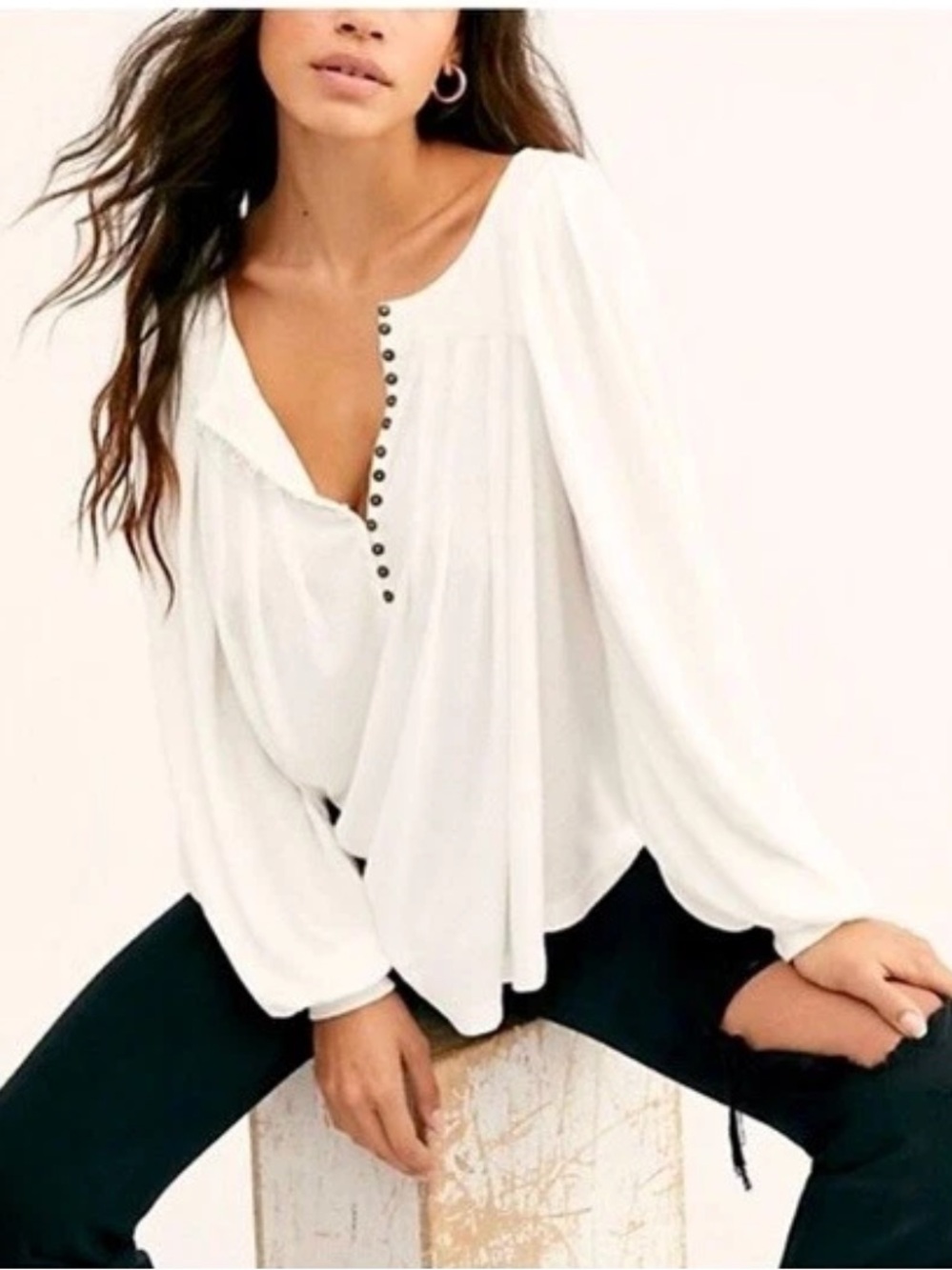 Free People Devin Textured Ribbed Knit Henley Blouse White Size S